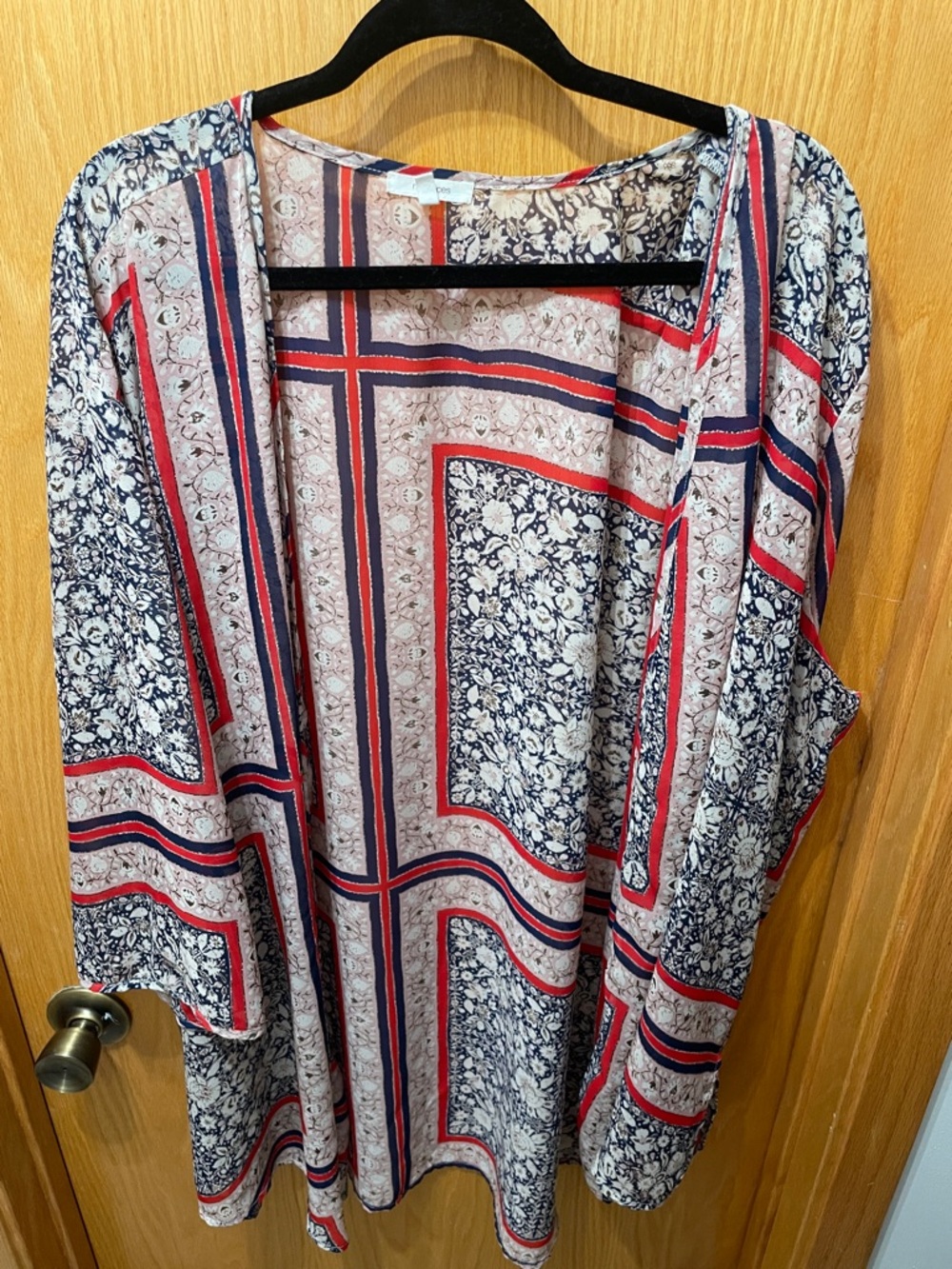 Lightweight Patterned Open Front Kimono - Navy, Red, Cream